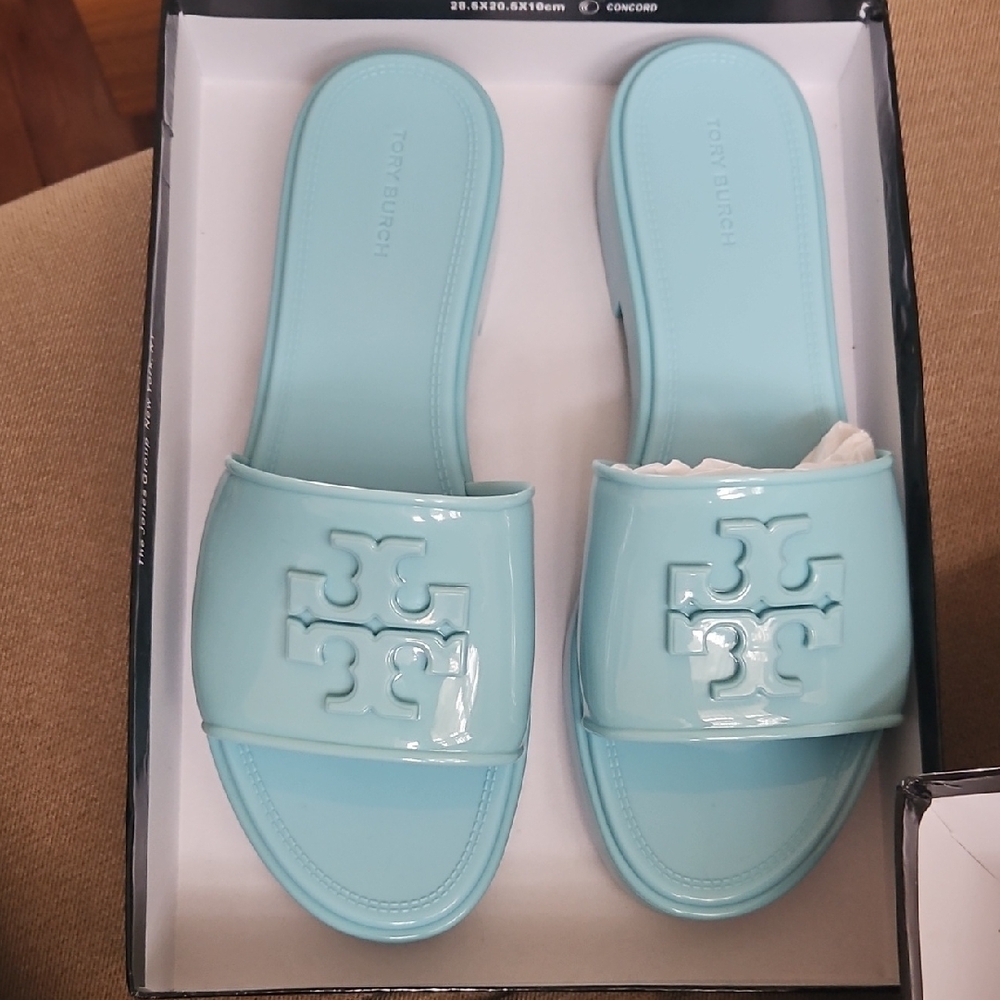 Tory Burch Patent Slide Sandals in Baby Blue